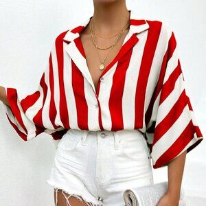 Red Casual Women's Colorblock Striped Batwing Sleeve Shirt